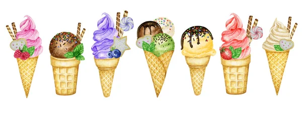 华夫饼筒里的水果冰淇淋。用巧克力华夫饼、浆果饼干和糖果装饰。树莓蓝莓香草冰淇淋水彩画分离白色背景 — 图库照片