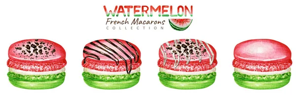 Kézzel rajzolt akvarell francia macaron sütemények készlet. Görögdinnye Vörös Zöld gyümölcs Sütemény desszert Izolált fehér háttér színes makaróni keksz, édes díszített csokoládé, vaníliakrém — Stock Fotó