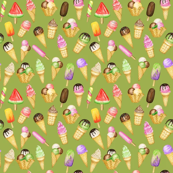 Sommar Sömlös mönster med glass lollys, glass skopor dekorerade med choklad i våffla kon. Akvarell illustration på grön bakgrund. Fruktmix glass bollar tyg textil design — Stockfoto