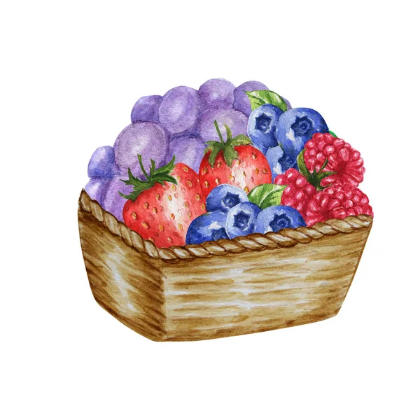 Holzkorb mit verschiedenen Beeren isoliert auf weißem Hintergrund. Erdbeere, Himbeere, Blaubeere Aquarell Illustration — Stockfoto