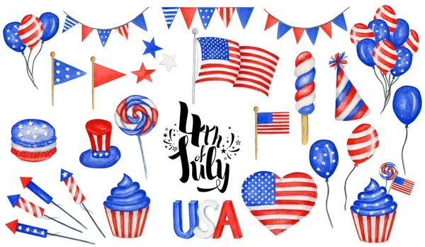 Gelukkige 4 juli USA Independence Day elementen gezet met Amerikaanse nationale vlag, snoep, ballonnen, handschrift tekst ontwerp. Feestdag Poster, Sale Banner, Advertentie, Webtemplate — Stockfoto