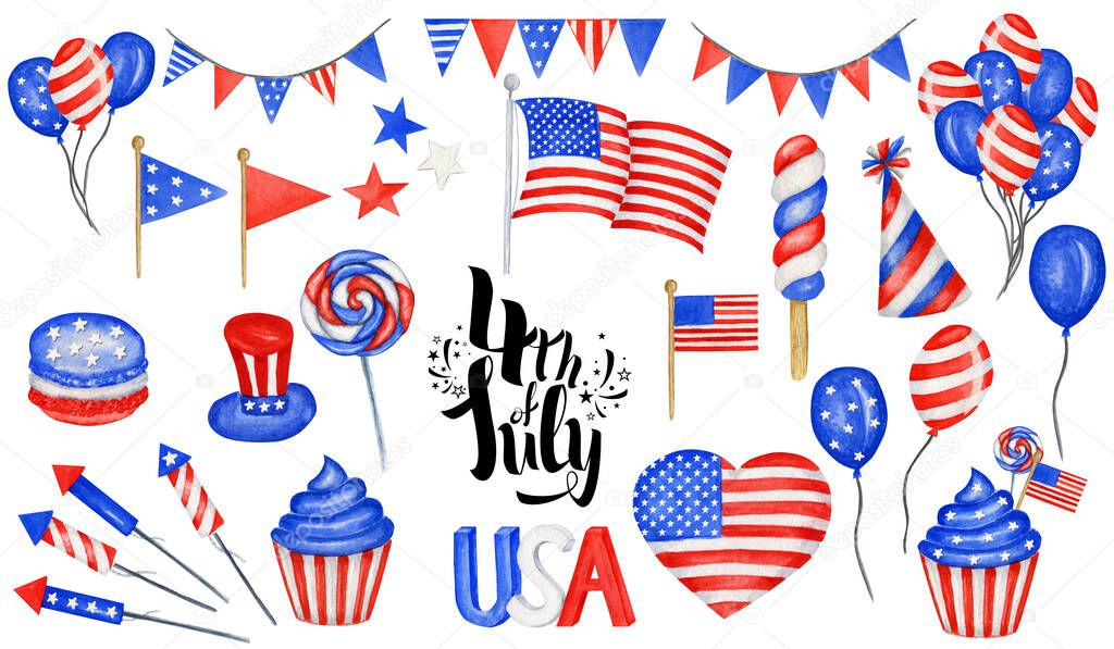 Happy 4th of July USA Independence Day elements set with american national flag, sweets, balloons, hand lettering text design. Celebration party Poster, Sale Banner, advertisement, web template