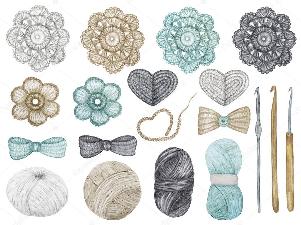 Crochet Shop concept of hooks, Ball of yarn, crocheted heart, bow, hook, flowers. Watercolor Hand drawn hobby Knitting and Crocheting on white background. Elements set scandinavian style clipart.