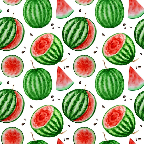 Watermeloen plak fruit naadloze patronen aquarel hand getekend illustratie, vers gezond voedsel - natuurlijke organische voedsel stof textuur op witte achtergrond. Papier van het scrapbook — Stockfoto