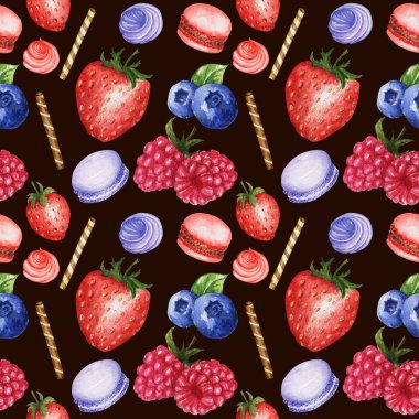 Suluboya kusursuz desen. Krema, bisküvi, waffle, meyve ve makaronlu kırmızı mavi tatlı çörekler. Koyu arka planda elle çizilmiş lezzetli yemek çizimi. Kumaş dokusu tasarımı kavramı.