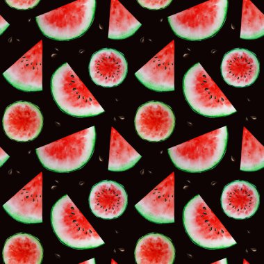 Karpuz dilimli meyvesiz desenler, sulu boya el çizimi, taze sağlıklı yiyecekler, siyah arka planda doğal organik besin dokusu. Albüm kağıdı
