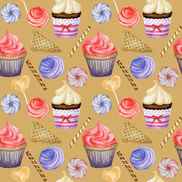 Υδατογραφία Απρόσκοπτη μοτίβο. Red Blue Sweet επιδόρπια με κρέμα και μπισκότο, βάφλα, κέικ, cupcake, μούρα. Χέρι που νόστιμο φαγητό εικονογράφηση σε μπεζ φόντο. Έννοια σχεδίασης υφάσματος — Φωτογραφία Αρχείου