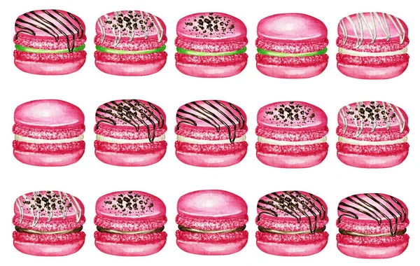 Набор макаронных пирожных ручной работы с акварелью. Розовый красный фруктовый десерт Изолированный на белом фоне красочные печенье макарон, клубника, малина сладкий украшен шоколадом — стоковое фото