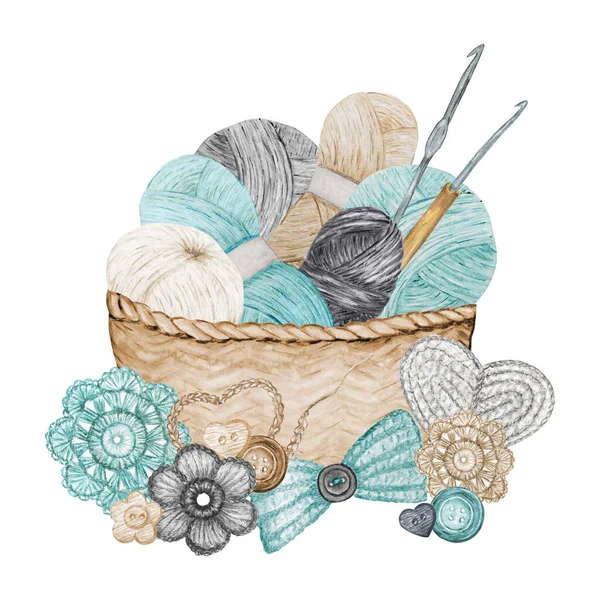 Style scandinave Crochet Shop Logotype, Branding, Composition Avatar de crochets, fils, coeur au crochet, arc, fleurs. Logo de passe-temps. Illustration d'aquarelle beige gris bleu pour la main ou au Crochet — Photo