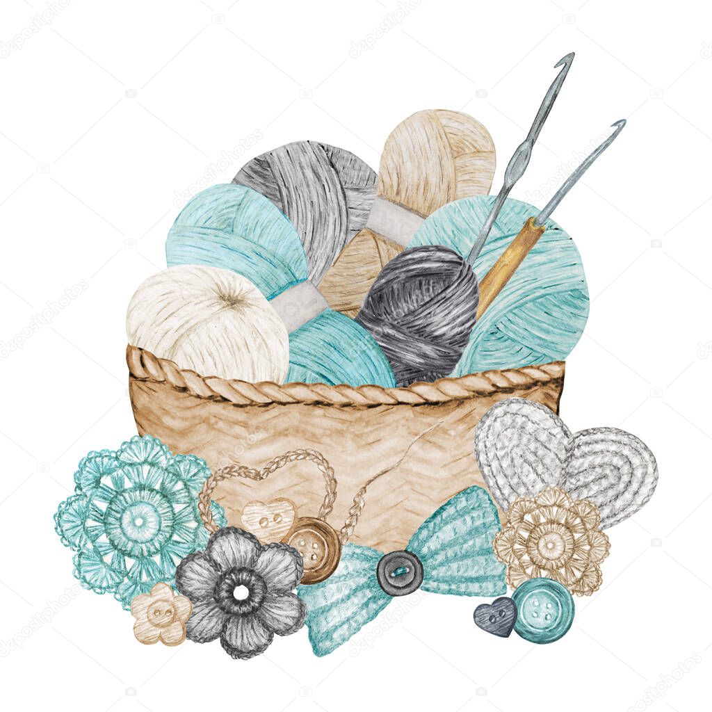 Scandinavian style Crochet Shop Logotype, Branding, Avatar composition of hooks, yarns, crocheted heart, bow, flowers. Hobby Logo. Blue gray beige Watercolor Illustration for handmade or Crocheting.
