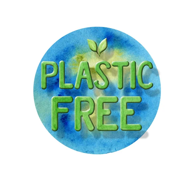 No Plastic free Green icon sign Watercolor hand drawn lettering illustration isolated on blue background. Ecological design. Recycled zero waste lifestyle. ECO friendly, Recycle Reuse Reduce concept — Stock Photo, Image