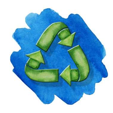 Yeşil Geri Dönüşümlü Oklar simgesi. Beyaz arka planda izole edilmiş suluboya el çizimi. Ekolojik tasarım konsepti. Geri dönüştürülmüş eko sıfır atık yaşam tarzı.