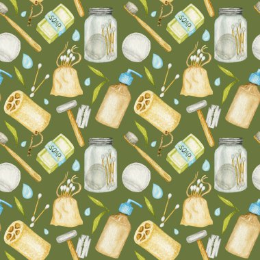 Sıfır atık banyo aksesuarları kusursuz desen. Doğal sisal fırça, bambu ahşap tarak, güvenlik jileti, sağlam sabun, şampuan çubukları, cam kapta yeniden kullanılabilir pamuk pedleri. Çevre dostu hijyen kavramı