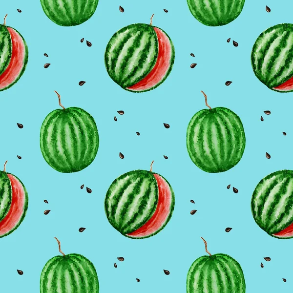 Wassermelone Früchte nahtlose Muster Aquarell handgezeichnete Illustration, frische gesunde Lebensmittel - natürliche Textur Bio-Lebensmittel auf hellblauem Hintergrund. Digitales Sammelalbum — Stockfoto