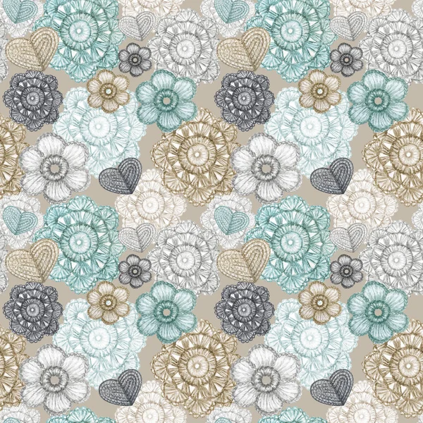 Watercolor Seamless pattern Hobby Crochet heart, bow, flower, hook, buttons. Scandinavian style Collection of hand drawn mint blue, gray colors elements of Crocheting, knitting