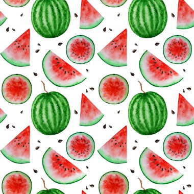 Karpuz dilimli meyvesiz desenler, sulu boya el çizimi, taze sağlıklı yiyecekler, beyaz arka planda doğal organik besin dokusu. Albüm kağıdı