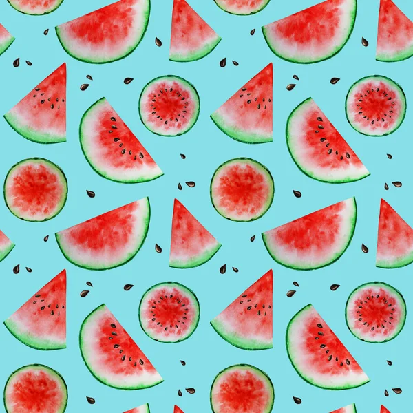 Vattenmelon skiva frukt sömlösa mönster akvarell handritad illustration, färsk hälsosam mat - naturliga ekologiska livsmedel textur på blå bakgrund. Skrotbokspapper — Stockfoto