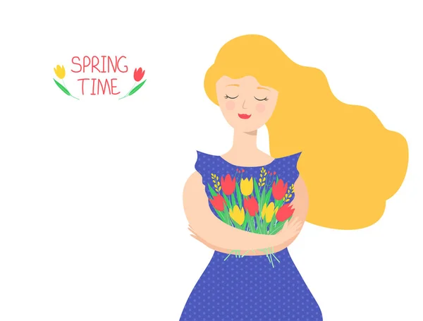 Illustratie van een Slavisch meisje met blond haar in een blauwe polka dot jurk met een boeket van tulpen. — Stockvector