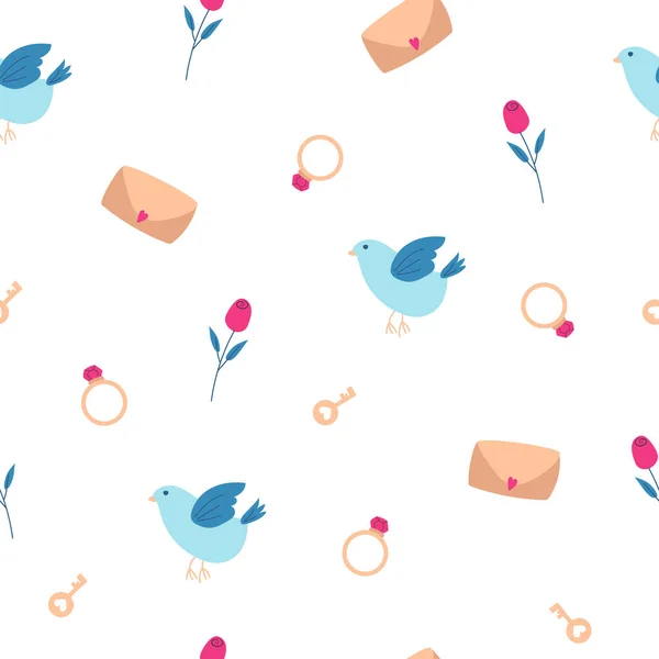 Illustration un motif sans couture avec un oiseau bleu, une enveloppe avec un coeur, anneau, clé, rose et coeurs — Image vectorielle