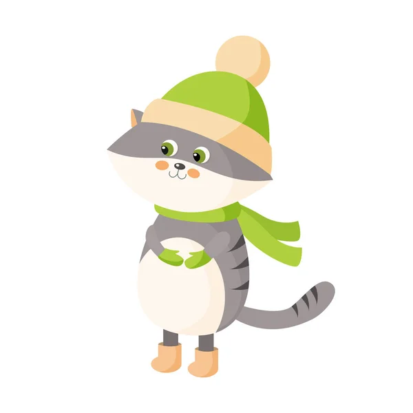 Illustration d'un mignon chat chaton rayé gris debout dans un chapeau vert, mitaines et bottes en feutre . — Image vectorielle