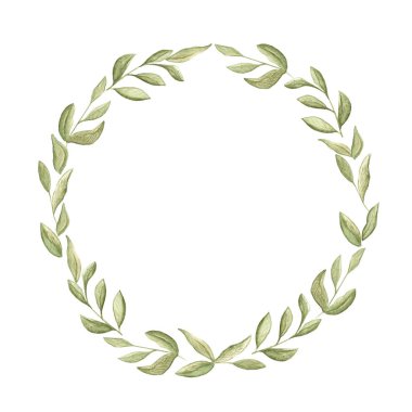 suluboya resimleme yeşil bataklık dalları yuvarlak çerçeve beyaz arkaplan yaprakları ile.