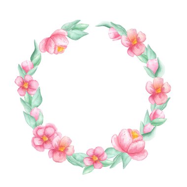 Beyaz arka planda pembe şakayık çiçekleri ve yeşil yaprakların suluboya çizimi