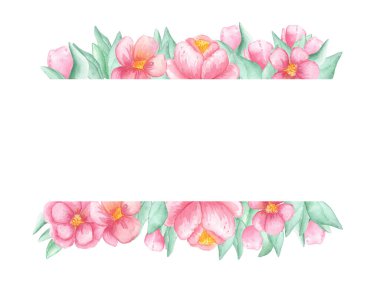 Beyaz arkaplanda pembe şakayık çiçekleri ve yeşil yaprakların resimli dikdörtgen çizimi