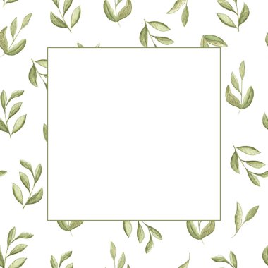 Resimler, beyaz arkaplanda yaprakları olan yeşil dalların kusursuz desenleri.