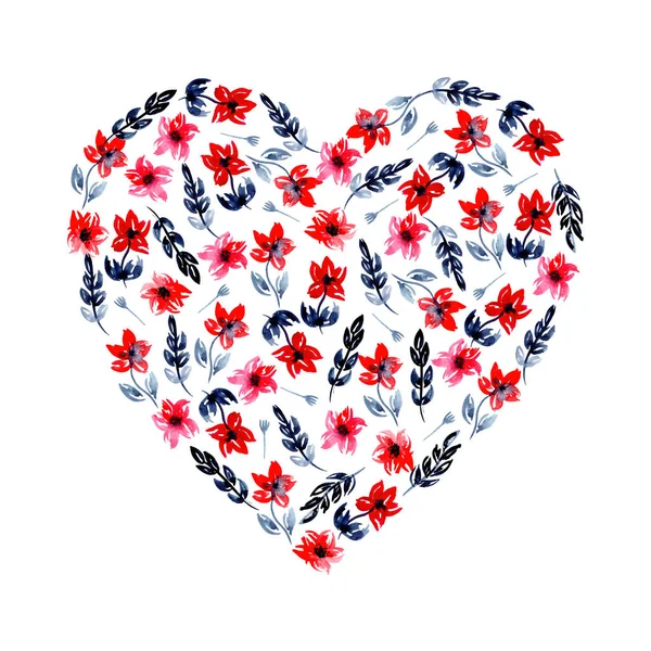 Иллюстрация акварель сердце красного тюльпана цветы с голубыми листьями индиго . — стоковое фото