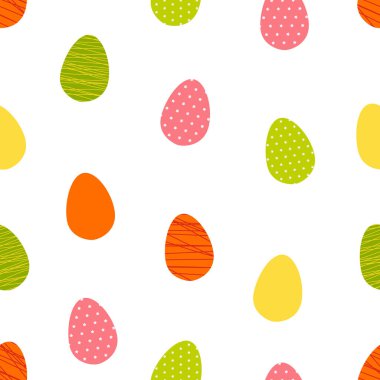 Paskalya yumurtalarının kusursuz deseni. Beyaz arka planda pembe turuncu sarı yeşil.