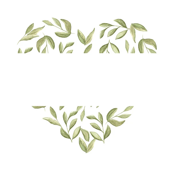 Illustration aquarelle d'un cœur fait de branches de marais verts avec des feuilles sur un fond blanc — Photo