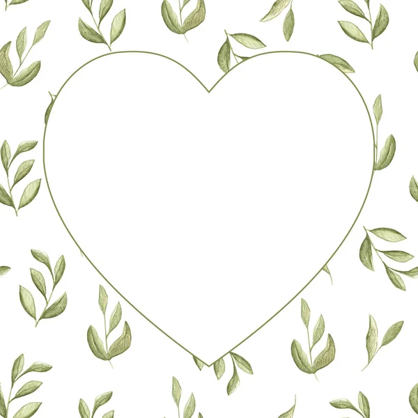 Ilustração aquarela padrão de ramos verdes com folhas com um lugar para o texto na forma de um coração . — Fotografia de Stock