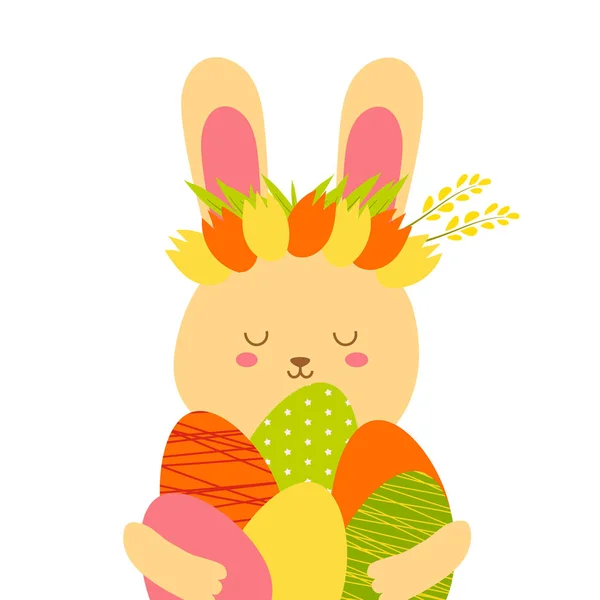 Illustration d'un lapin brun de Pâques avec une couronne de tulipes sur la tête et des œufs de Pâques — Image vectorielle