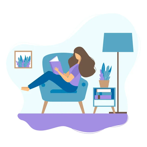 Illustration in blue purple tones a young girl with dark hair is reading a book on an armchair. — Stock Vector