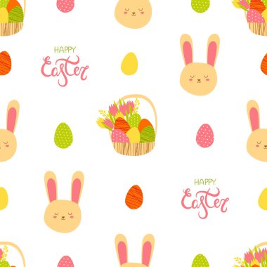 Paskalya yumurtaları, laleler, tavşan kafası ve mutlu paskalya harfleri içeren kusursuz desenler.
