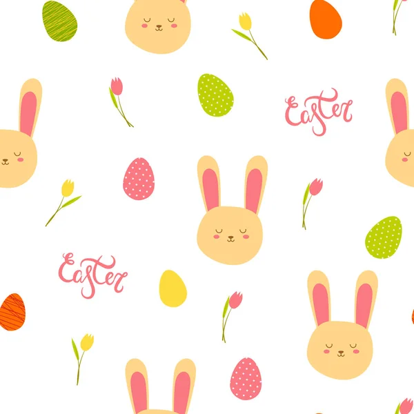 Illustration motif sans couture avec des oeufs de Pâques vert rose jaune couleur orange, tête de lapin, tulipes — Image vectorielle