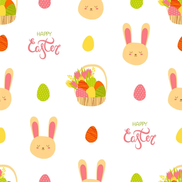 Illustration motif sans couture avec panier avec oeufs et tulipes de Pâques, tête de lapin, lettrage heureux Pâques — Image vectorielle