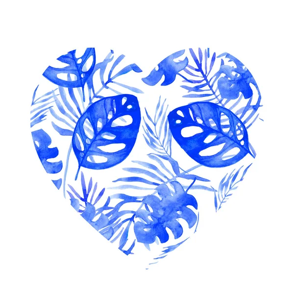 Акварельная иллюстрация сердца тропических листьев голубого цвета . — стоковое фото