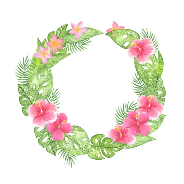 Watercolor illustration round frame wreath of green tropical leaves on a white background. — 스톡 사진