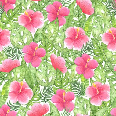 Resimler, tropikal yaprakların ve pembe çiçeklerin kusursuz desenleri.