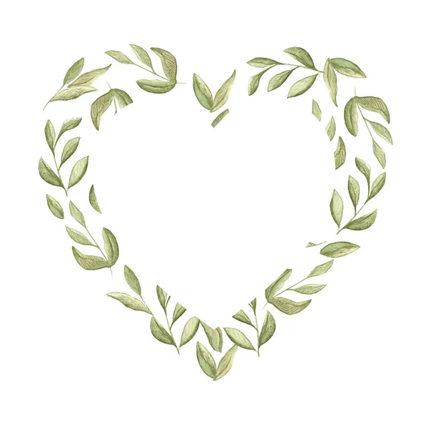 Акварельная иллюстрация сердца из зеленых ветвей болота с листьями на белом фоне — стоковое фото