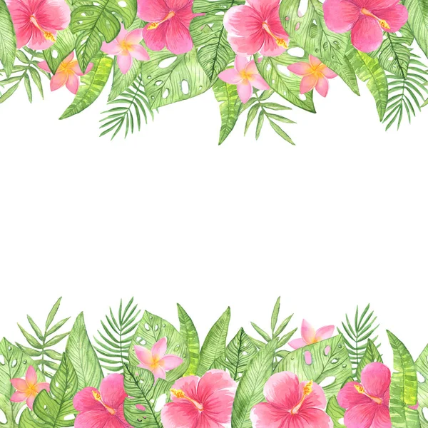Illustration watercolor seamless banner of tropical leaves and flowers — Stock Photo, Image