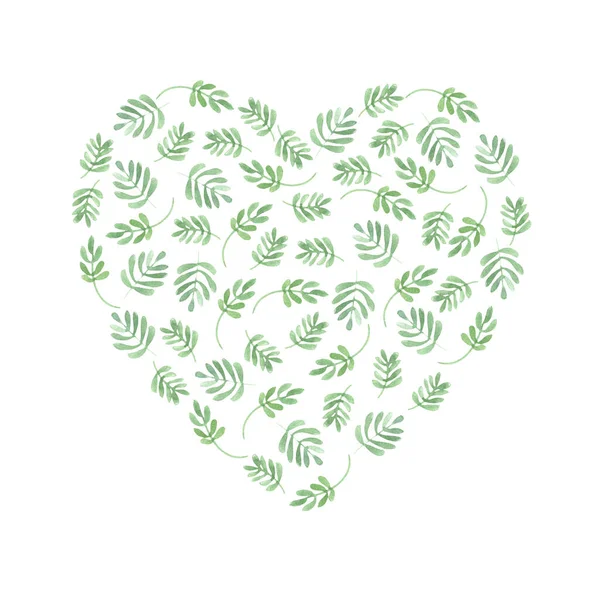 Aquarell-Illustration eines Herzens aus grünen Sumpfzweigen mit Blättern — Stockfoto