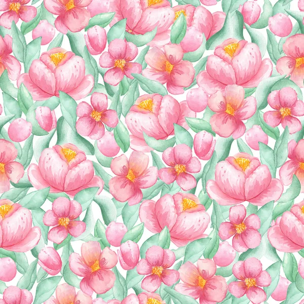 Ilustración acuarela patrón sin costura de hojas verdes y rosas peonías rosadas —  Fotos de Stock