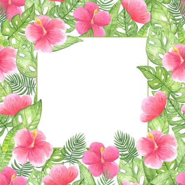 Resimler, tropikal yaprakların ve pembe çiçeklerin kusursuz desenleri.