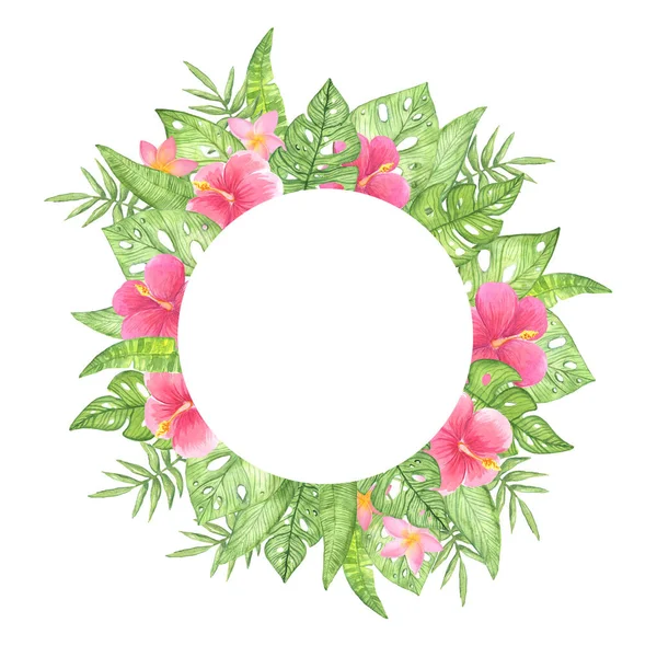 Watercolor illustration round frame wreath of green tropical leaves on a white background. — 스톡 사진