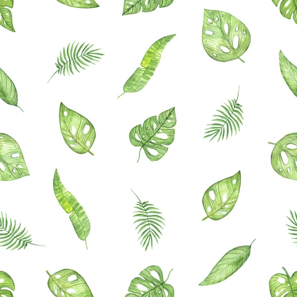 Ilustración de acuarela patrón sin costura de hojas tropicales verdes sobre un fondo blanco — Foto de Stock