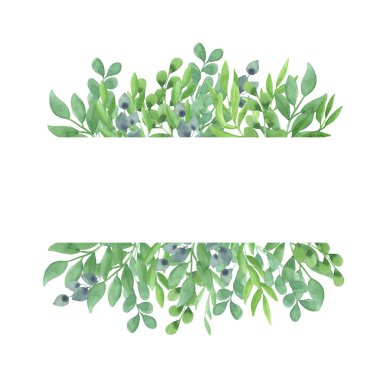 Beyaz arkaplanda yazı için yer alan yeşil yaprakların resimli dikdörtgen çerçevesi. Bahar mevsimi havası. Kartlar, tasarım, el ilanları, afişler için.