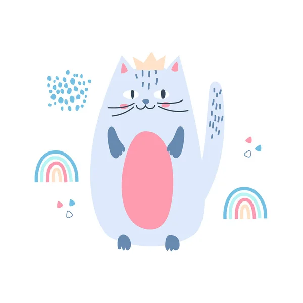 Illustrazione Simpatico Gatto Blu Scandy Con Una Corona Testa Arcobaleno — Vettoriale Stock