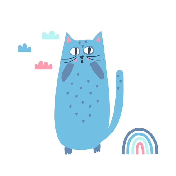 Illustration Mignon Chat Bleu Surpris Avec Des Nuages Arc Ciel — Image vectorielle